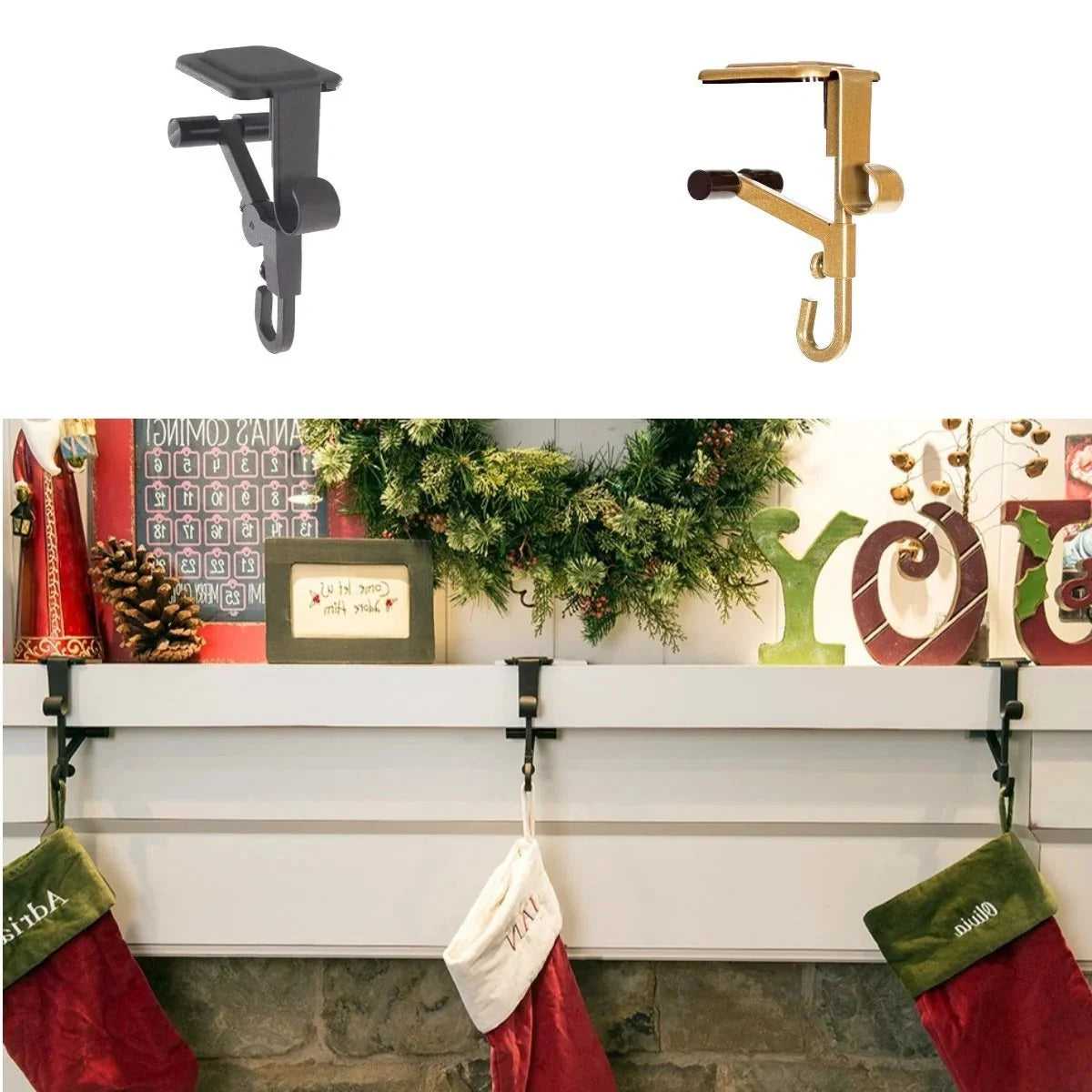 Mantle Stocking Holder Adjustable Dual Hook Rubber Pads