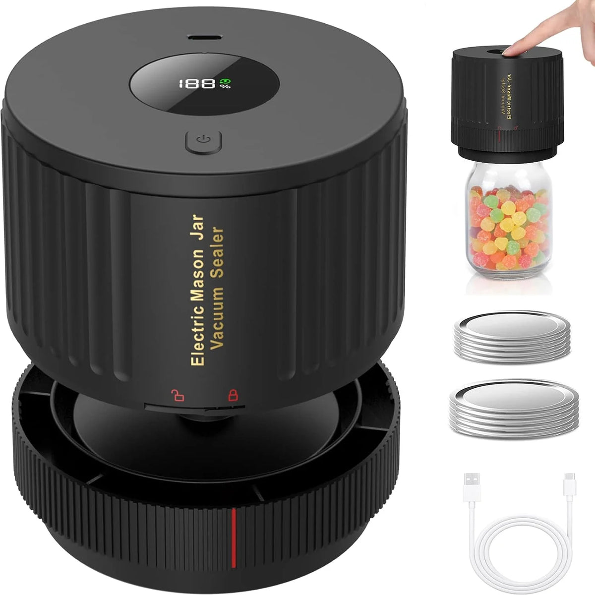 Mason Jar Vacuum Sealer Cordless Push-Button