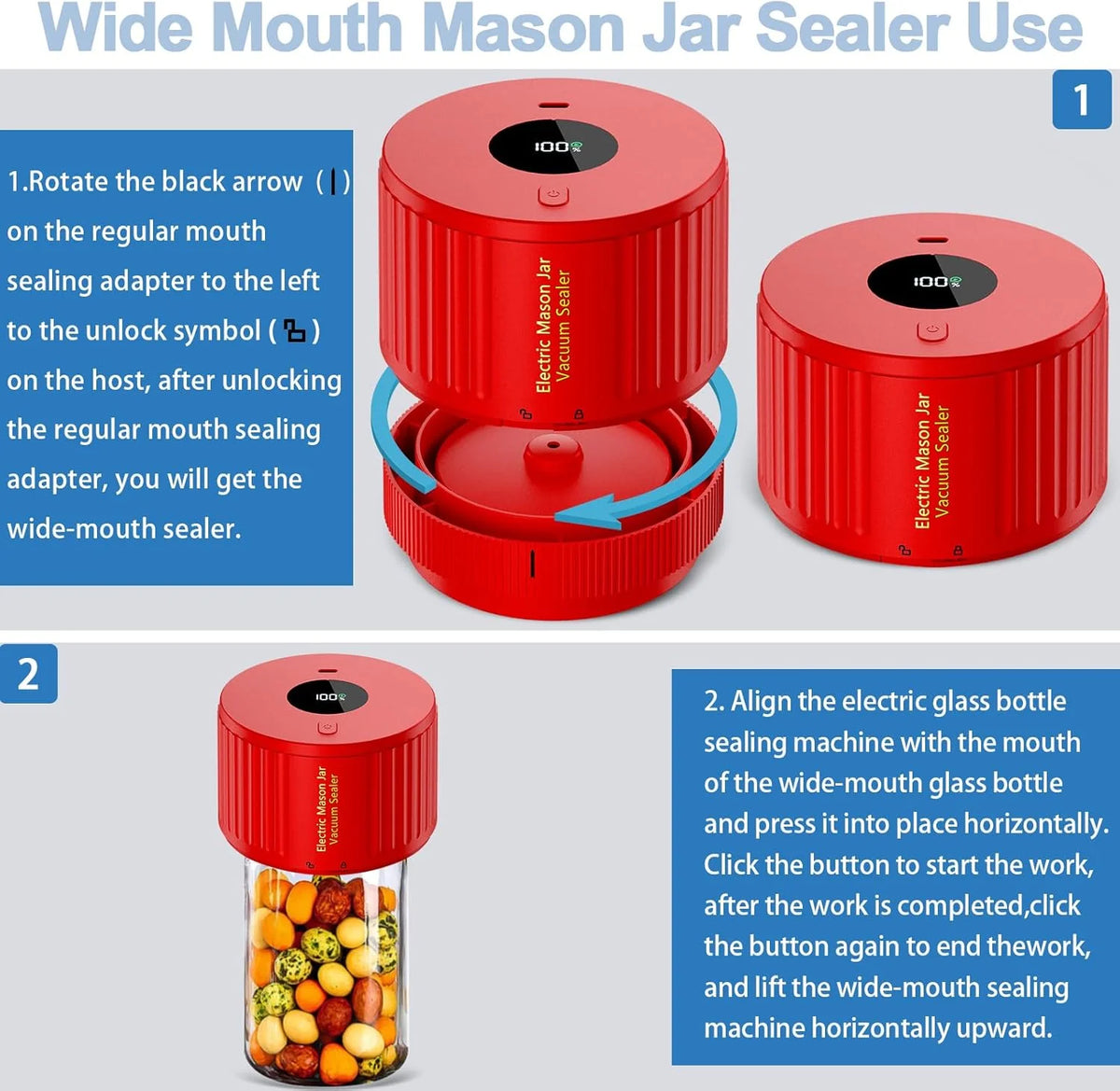 Mason Jar Vacuum Sealer Cordless Push-Button