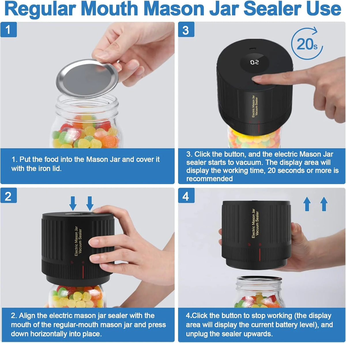 Mason Jar Vacuum Sealer One-Touch Fits Regular & Wide