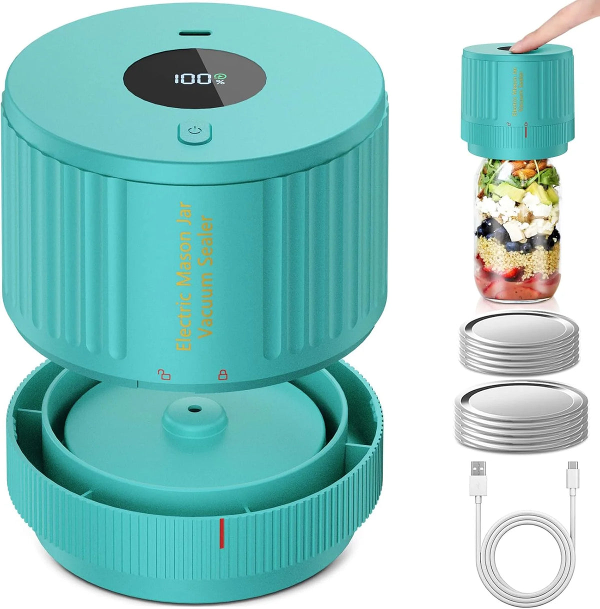 Mason Jar Vacuum Sealer One-Touch Fits Regular & Wide