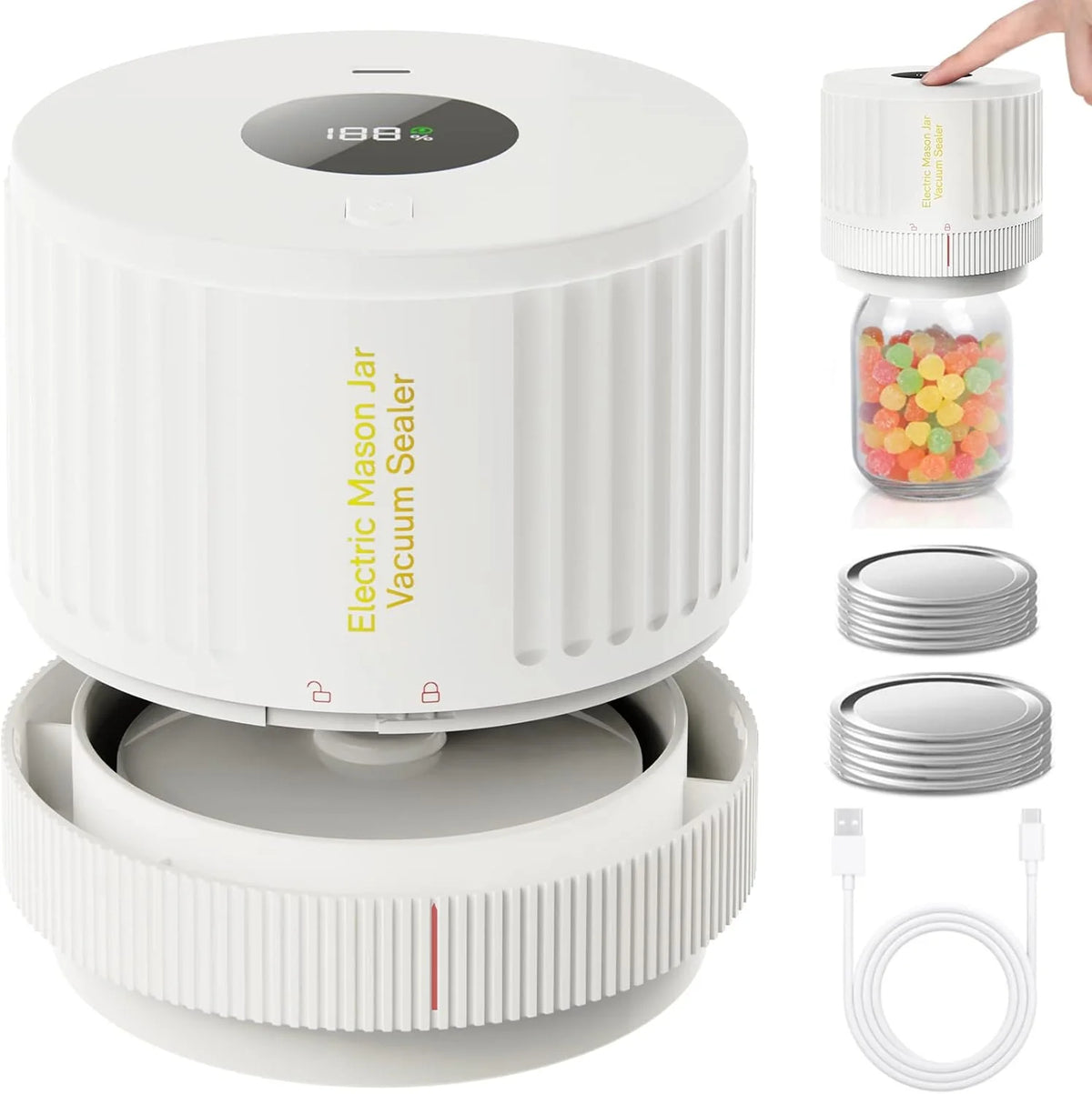 Mason Jar Vacuum Sealer One-Touch Fits Regular & Wide