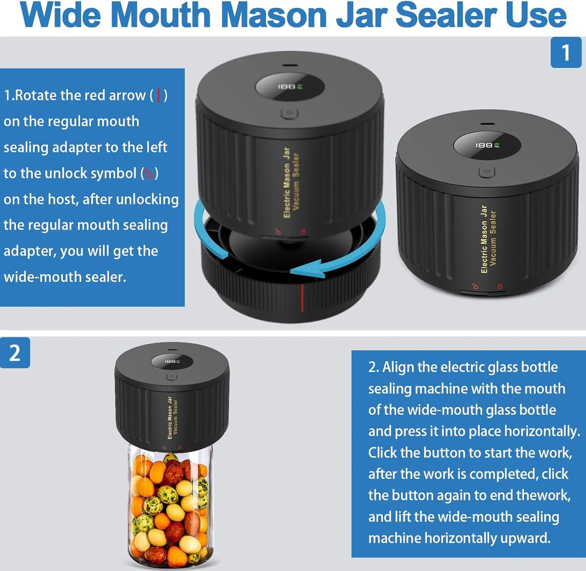 Mason Jar Vacuum Sealer Wide & Regular One-Button