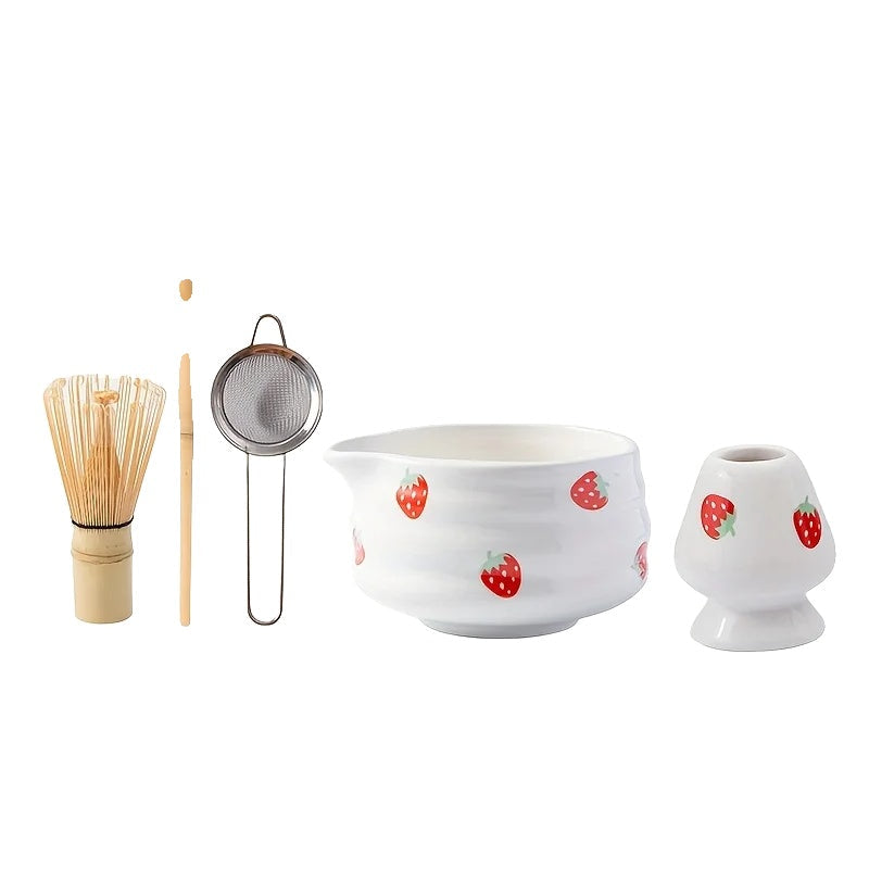 Matcha Bowl Set Handcrafted Ceramic Cute Strawberry Design