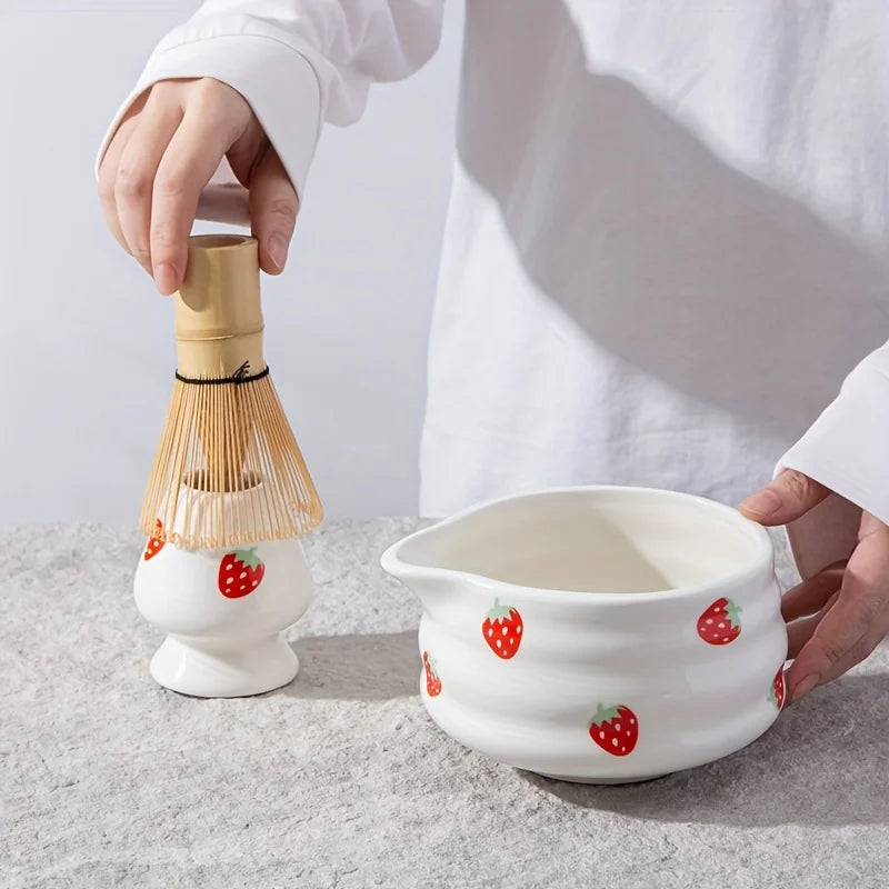 Matcha Bowl Set Handcrafted Ceramic Cute Strawberry Design