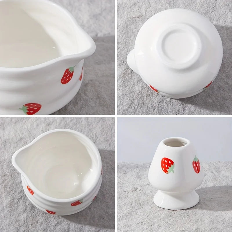 Matcha Bowl Set Handcrafted Ceramic Cute Strawberry Design