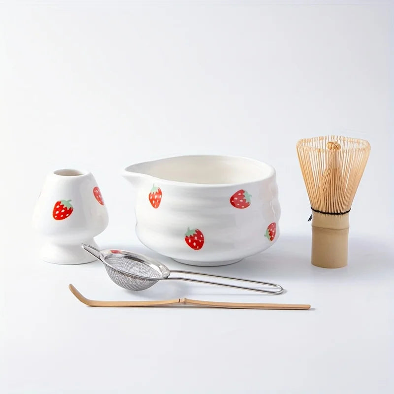 Matcha Bowl Set Handcrafted Ceramic Cute Strawberry Design