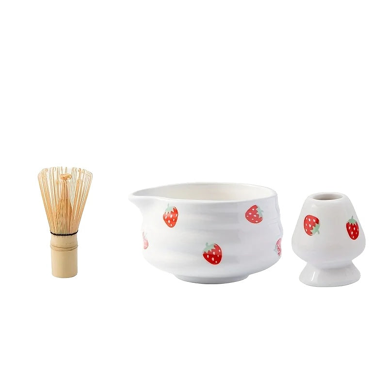 Matcha Bowl Set Handcrafted Ceramic Cute Strawberry Design