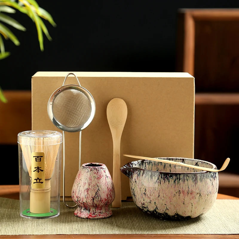 Matcha Tea Set Bamboo Whisk Marble Bowl 6-Piece