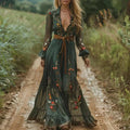 Maxi Dress Long Sleeve Floral Tiered Skirt Relaxed Fit