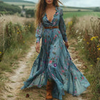 Maxi Dress Long Sleeve Floral Tiered Skirt Relaxed Fit