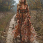 Maxi Dress Long Sleeve Floral Tiered Skirt Relaxed Fit