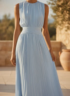 Maxi Dress Pleated Ruched Waist Sleeveless