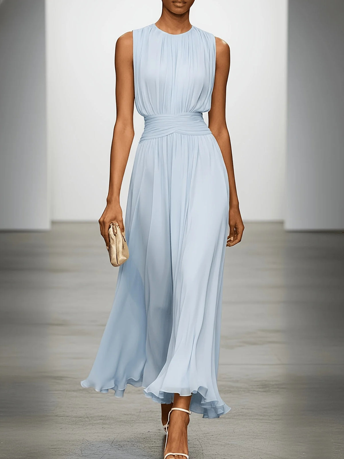 Maxi Dress Pleated Ruched Waist Sleeveless