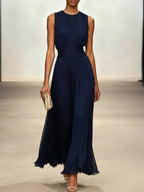 Maxi Dress Pleated Ruched Waist Sleeveless