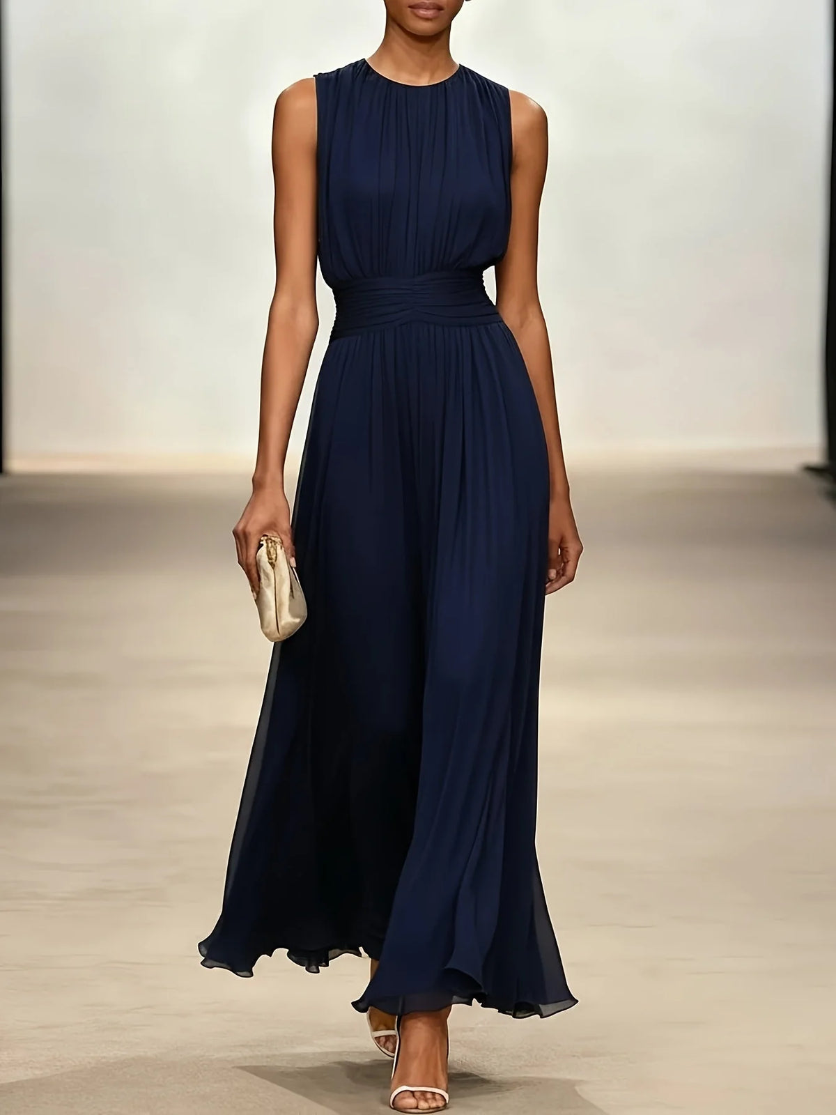 Maxi Dress Pleated Ruched Waist Sleeveless
