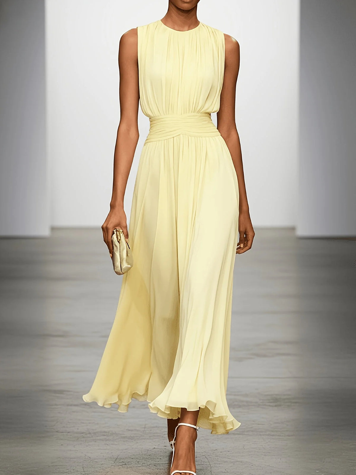Maxi Dress Pleated Ruched Waist Sleeveless