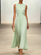 Maxi Dress Pleated Ruched Waist Sleeveless