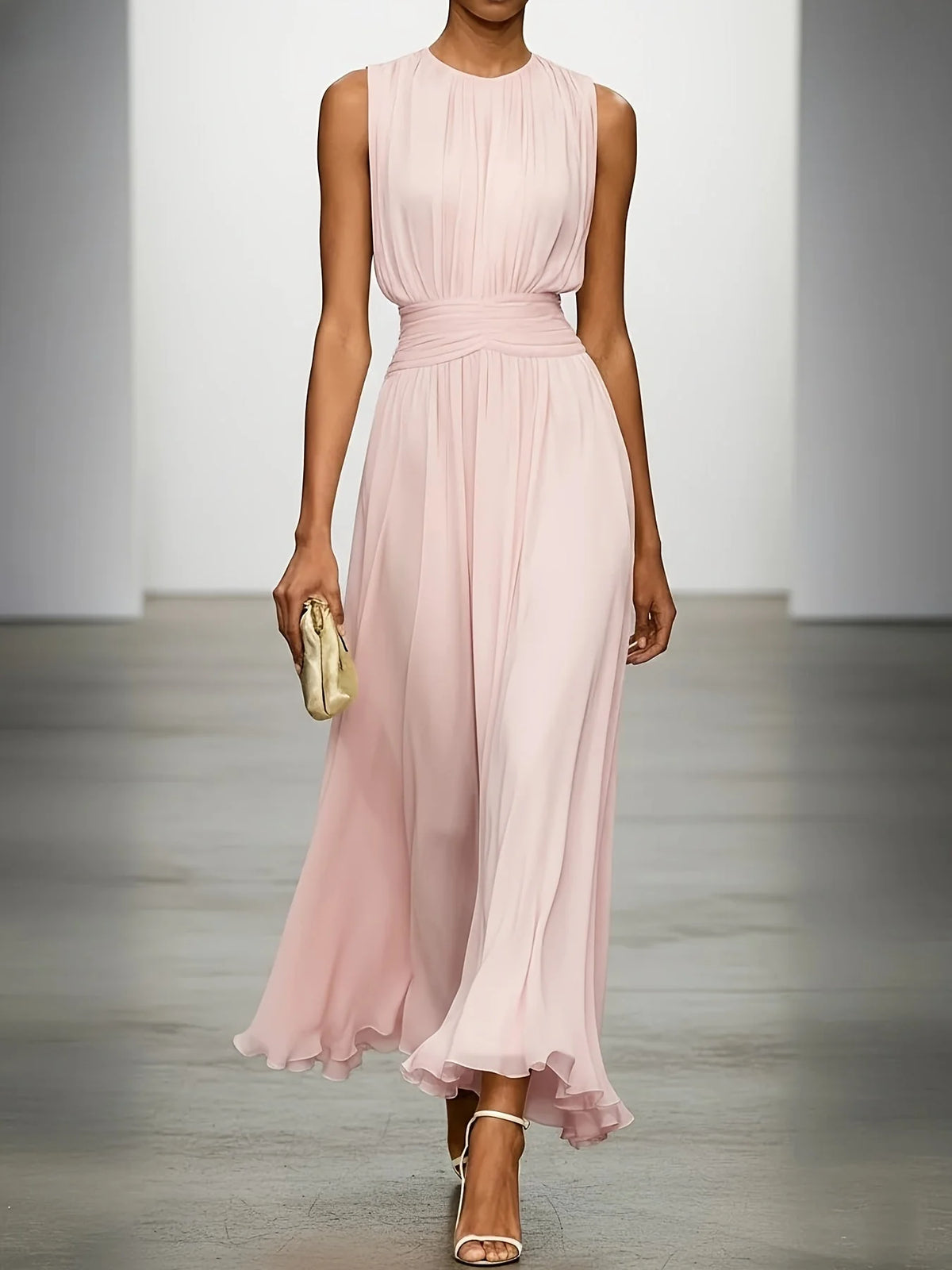 Maxi Dress Pleated Ruched Waist Sleeveless