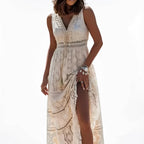 Maxi Dress Sleeveless V-Neck Crochet Lace & Tassel Tie