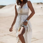 Maxi Dress Sleeveless V-Neck Crochet Lace & Tassel Tie