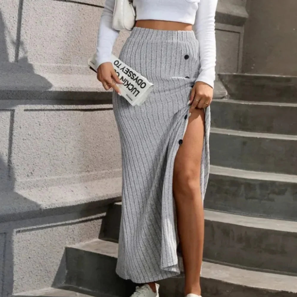 Maxi Skirt Ribbed Texture & Elastic Waistband