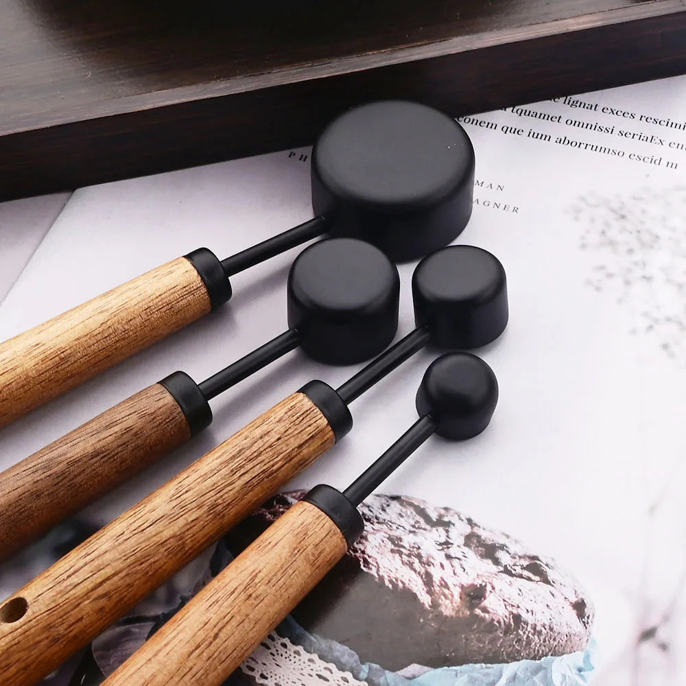Measuring Cup & Spoon Set Engraved Markings Wood Handles
