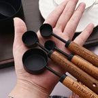 Measuring Cup & Spoon Set Engraved Markings Wood Handles