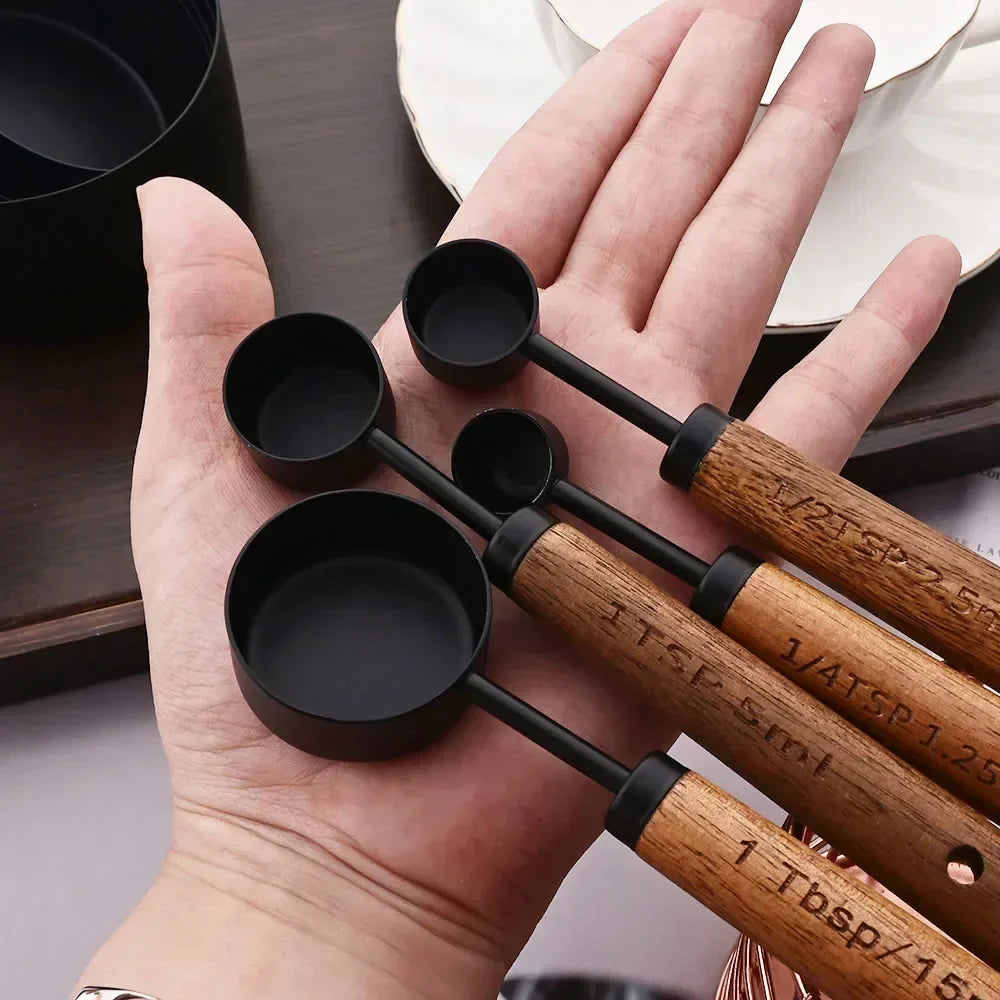 Measuring Cup & Spoon Set Engraved Markings Wood Handles