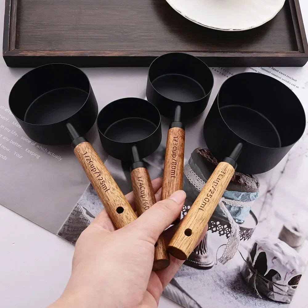 Measuring Cup & Spoon Set Engraved Markings Wood Handles