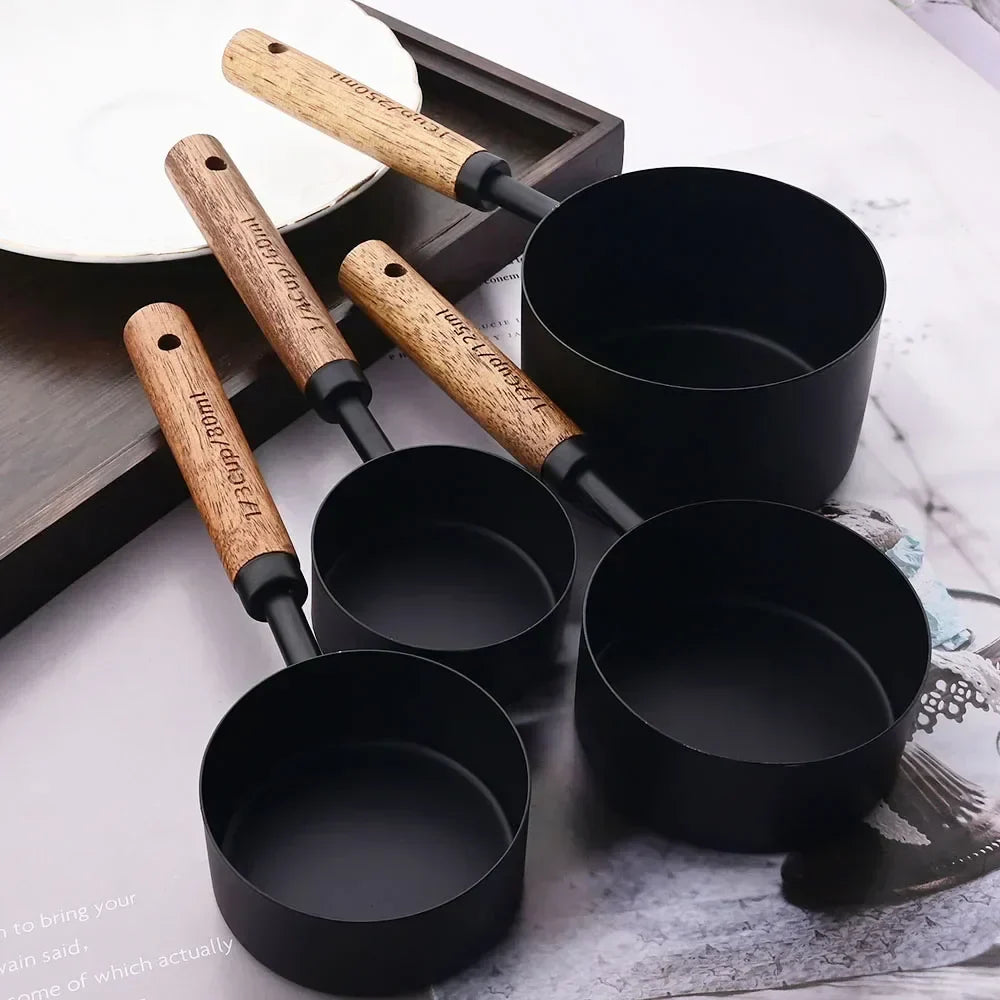 Measuring Cup & Spoon Set Engraved Markings Wood Handles