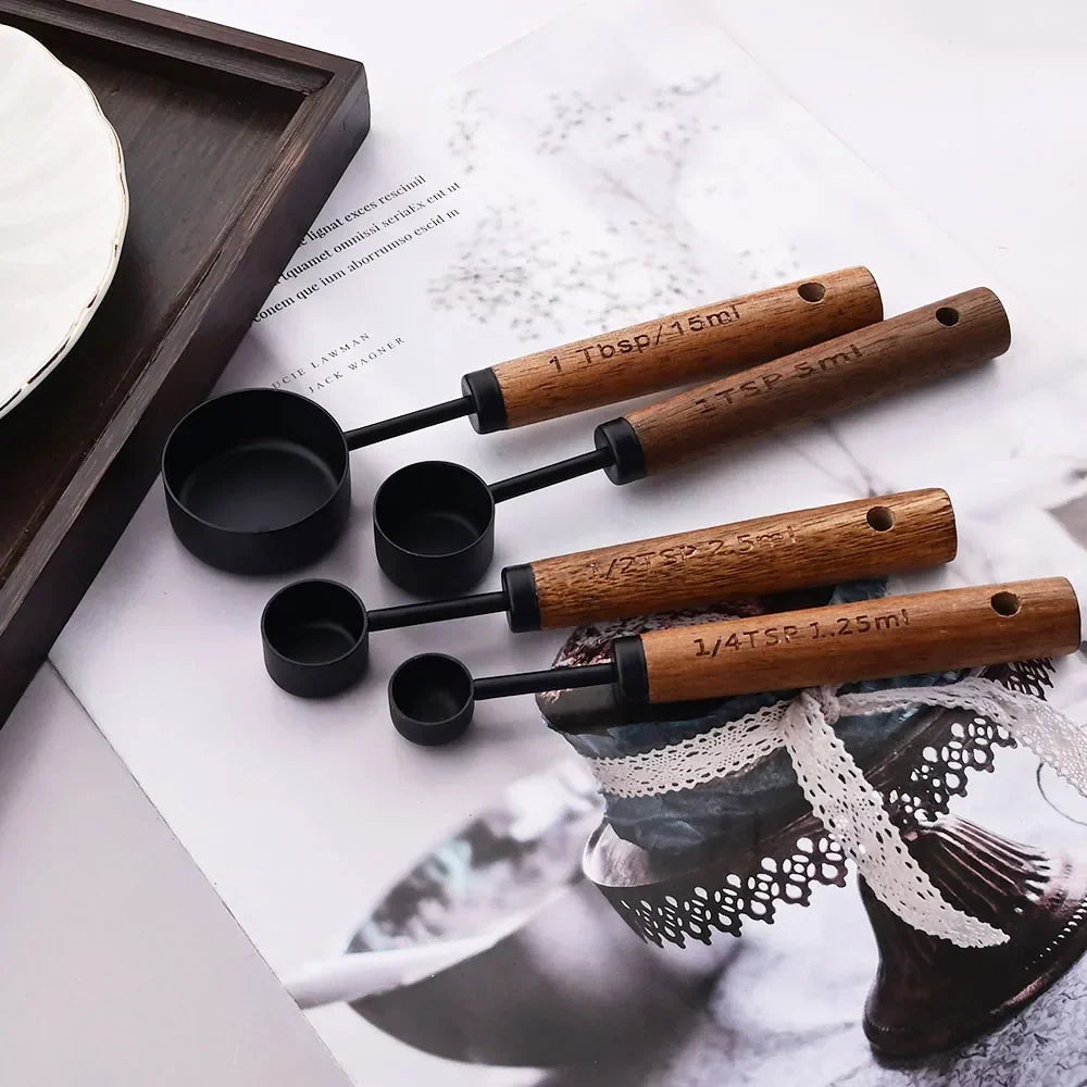 Measuring Cup & Spoon Set Engraved Markings Wood Handles