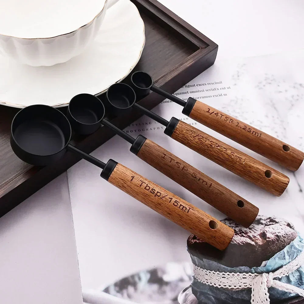 Measuring Cup & Spoon Set Engraved Markings Wood Handles