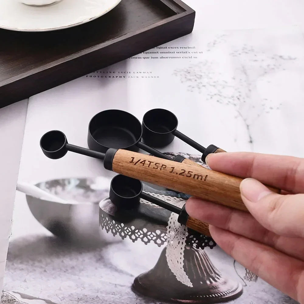 Measuring Cup & Spoon Set Engraved Markings Wood Handles