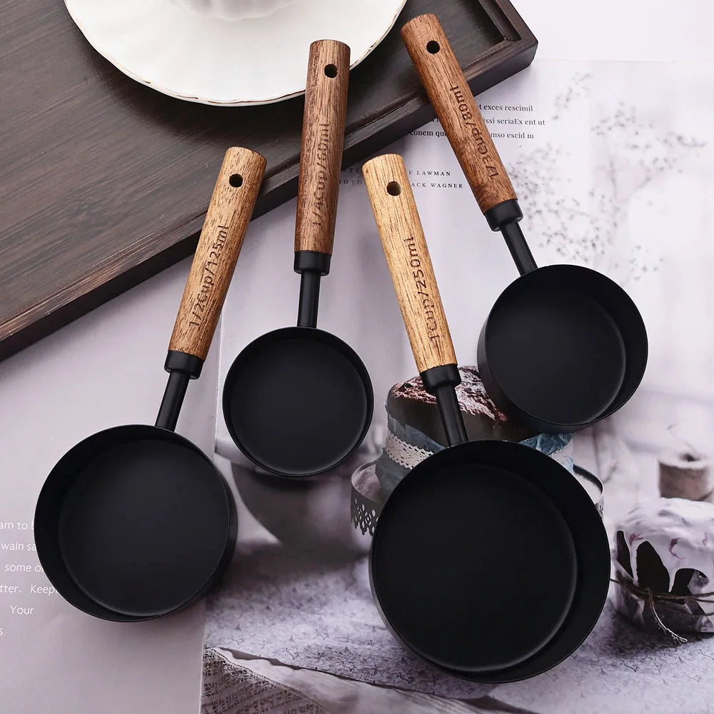 Measuring Cup & Spoon Set Engraved Markings Wood Handles