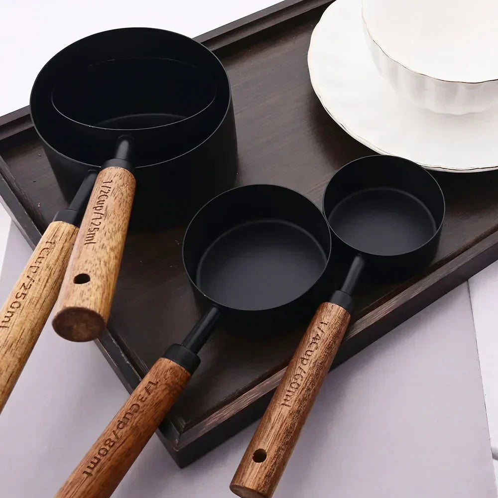 Measuring Cup & Spoon Set Engraved Markings Wood Handles