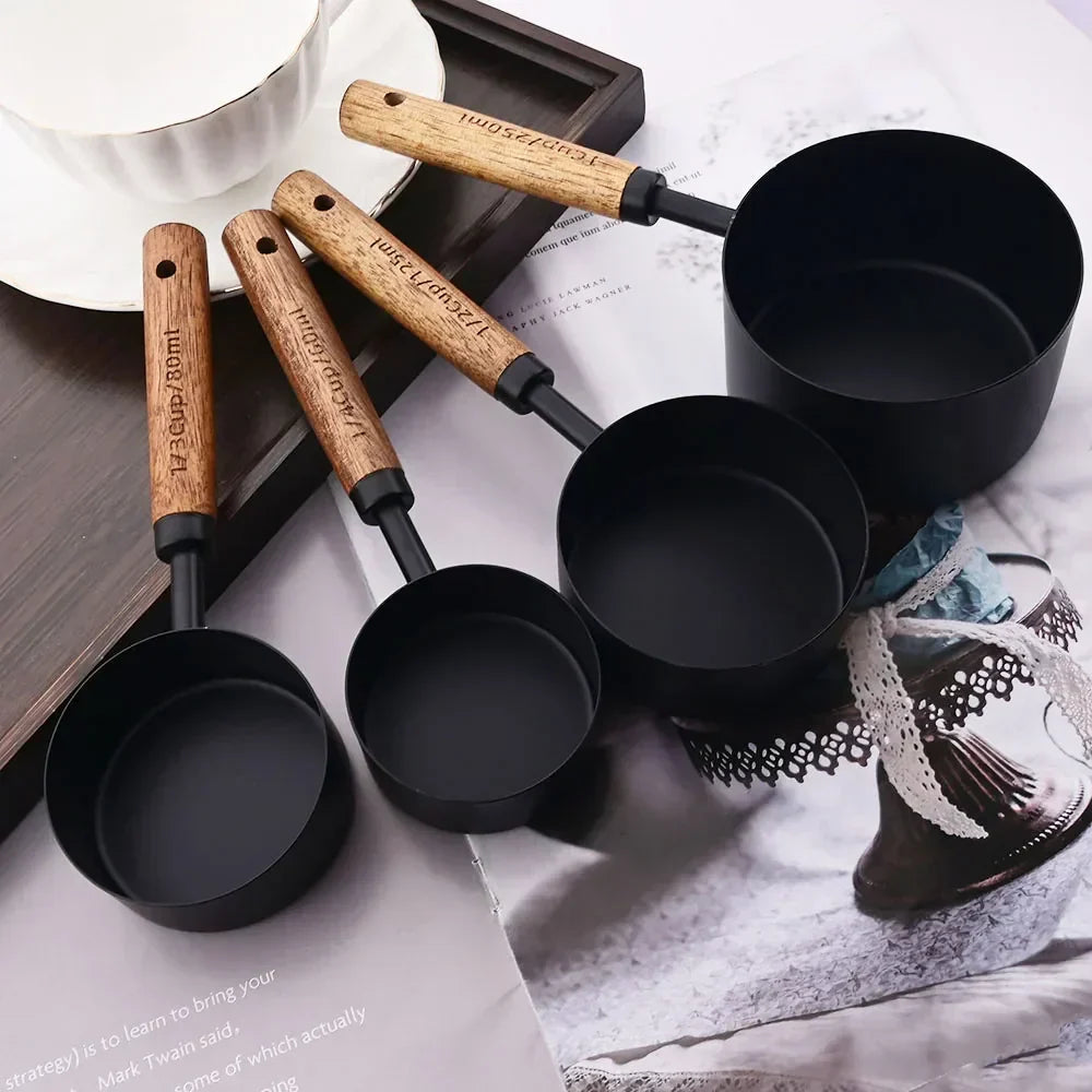 Measuring Cup & Spoon Set Engraved Markings Wood Handles