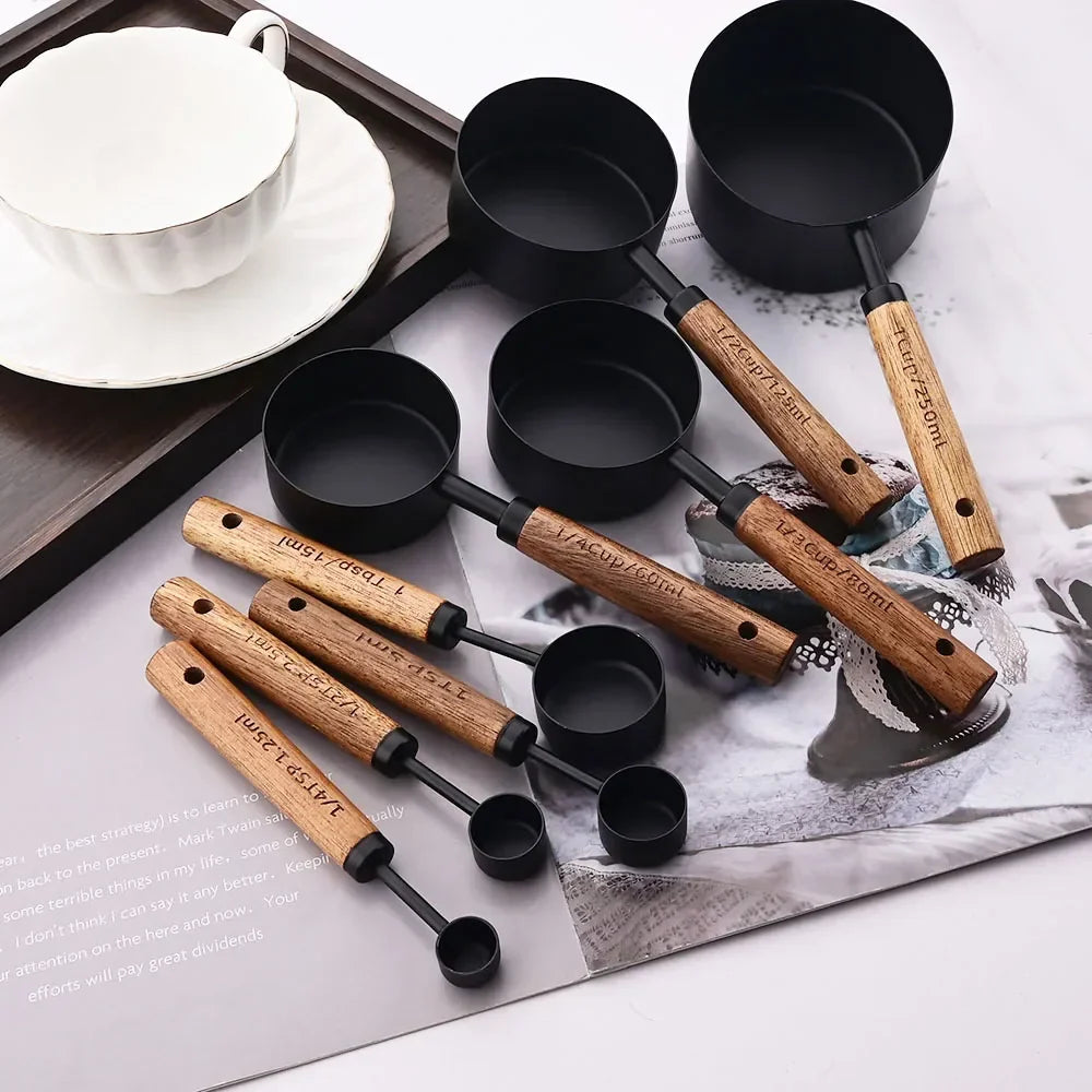 Measuring Cup & Spoon Set Engraved Markings Wood Handles