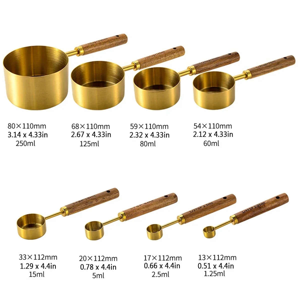 Measuring Cup & Spoon Set Engraved Markings Wood Handles