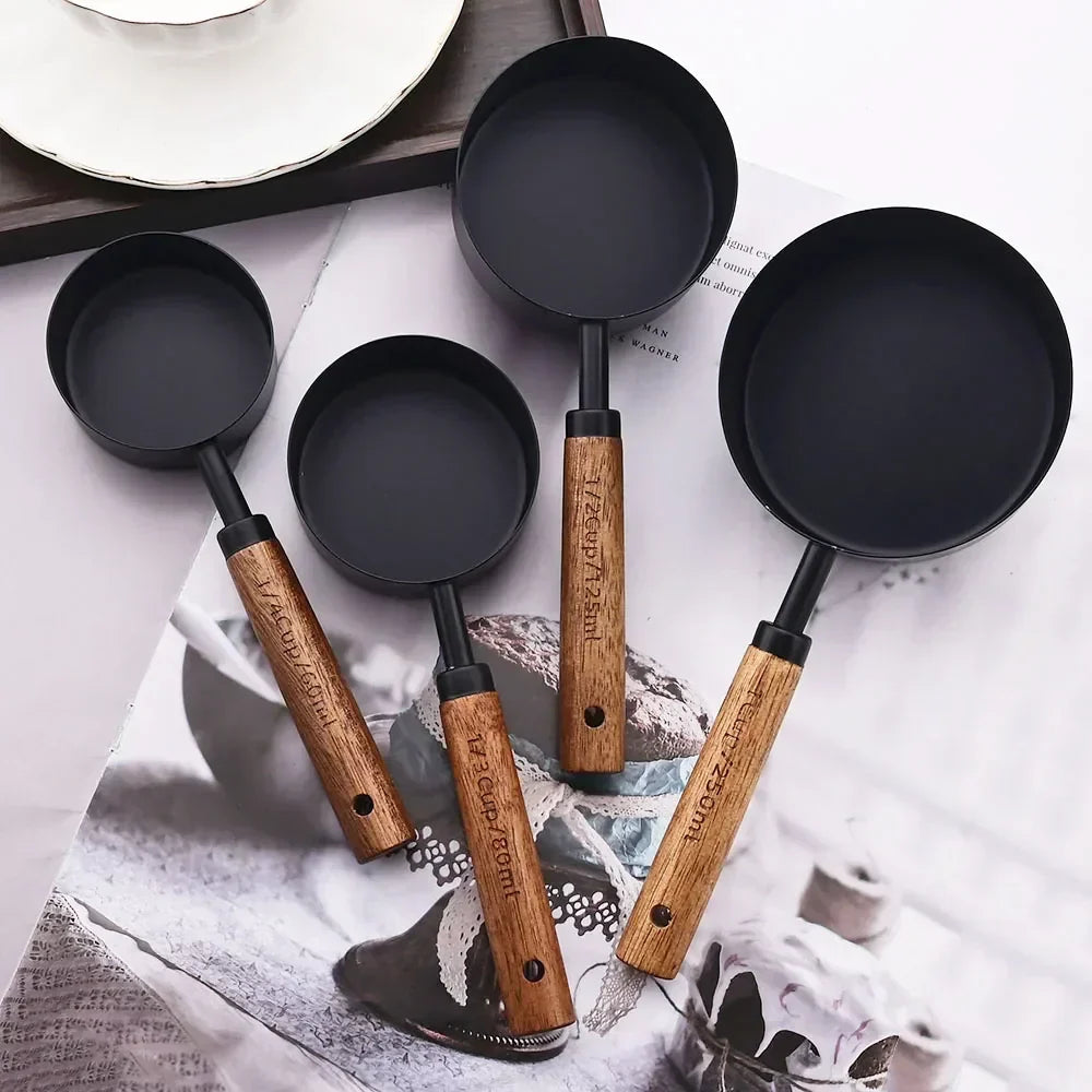 Measuring Cup & Spoon Set Engraved Markings Wood Handles