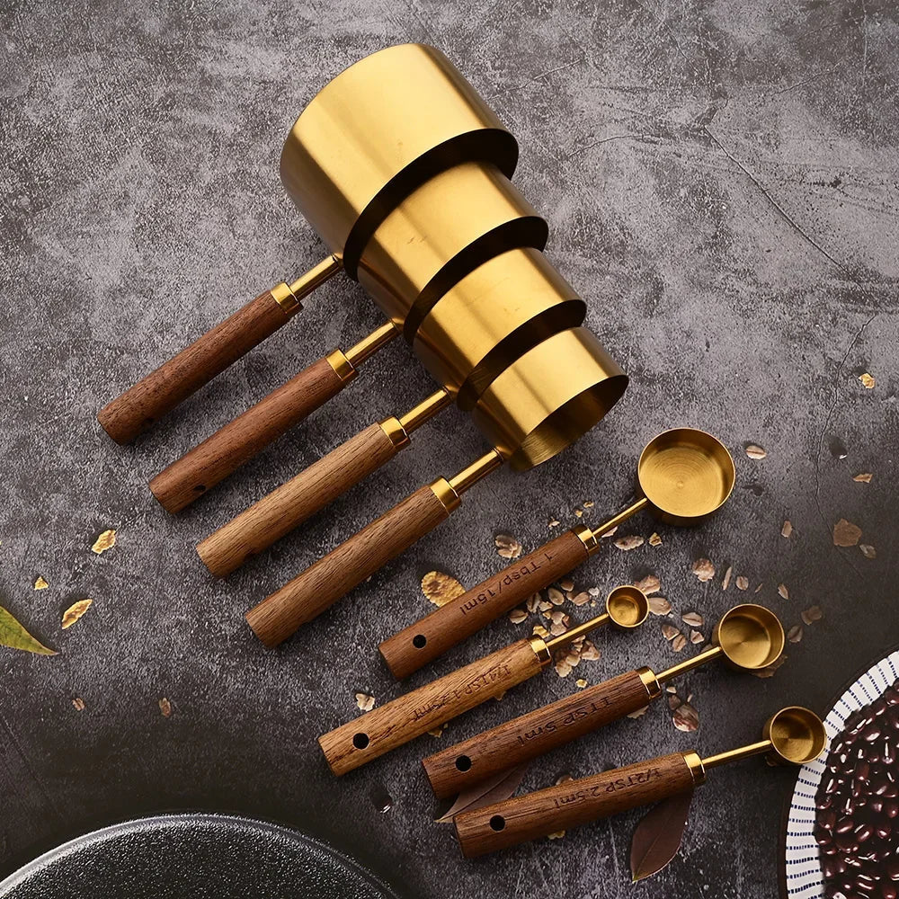 Measuring Spoon Set 8-Piece Stainless Steel Wooden Handles Nesting