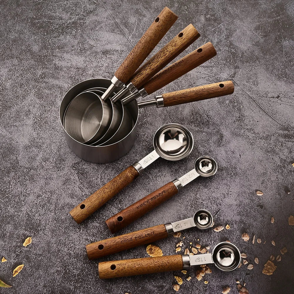 Measuring Spoon Set 8-Piece Stainless Steel Wooden Handles Nesting