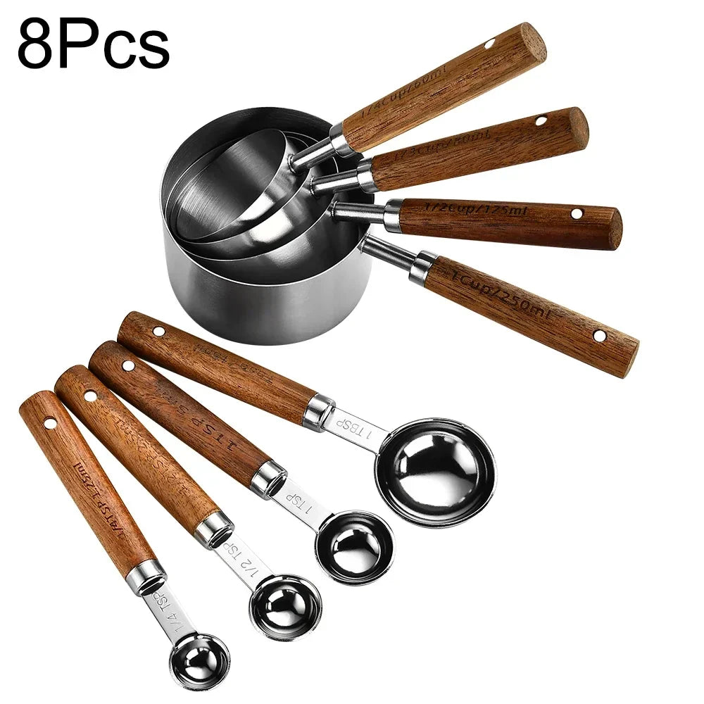 Measuring Spoon Set 8-Piece Stainless Steel Wooden Handles Nesting