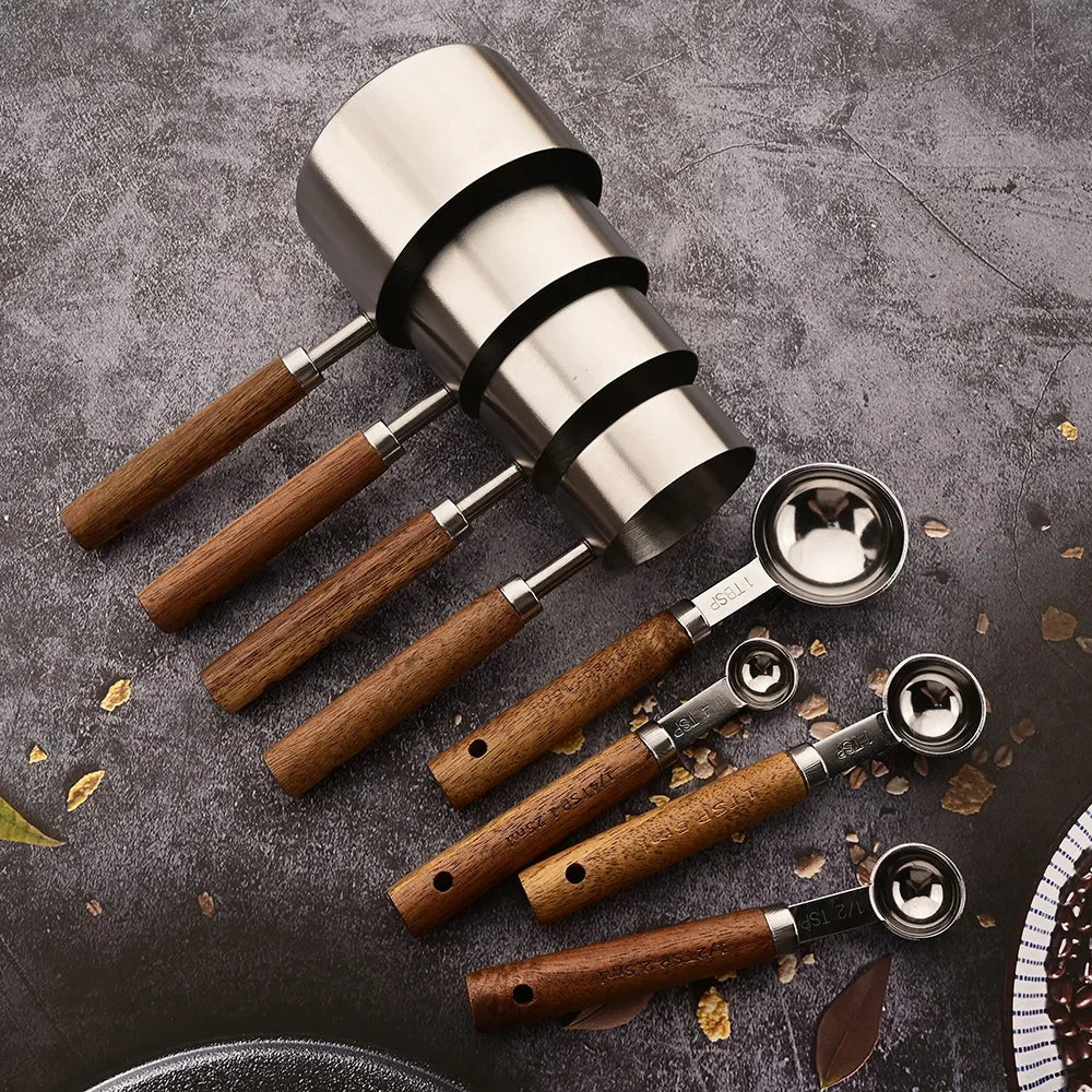Measuring Spoon Set 8-Piece Stainless Steel Wooden Handles Nesting