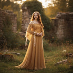 Medieval Dress Off-Shoulder Embroidered Bodice & Mesh Cape