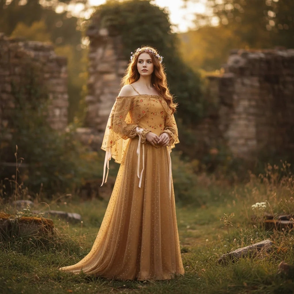 Medieval Dress Off-Shoulder Embroidered Bodice & Mesh Cape