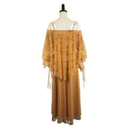 Medieval Dress Off-Shoulder Embroidered Bodice & Mesh Cape