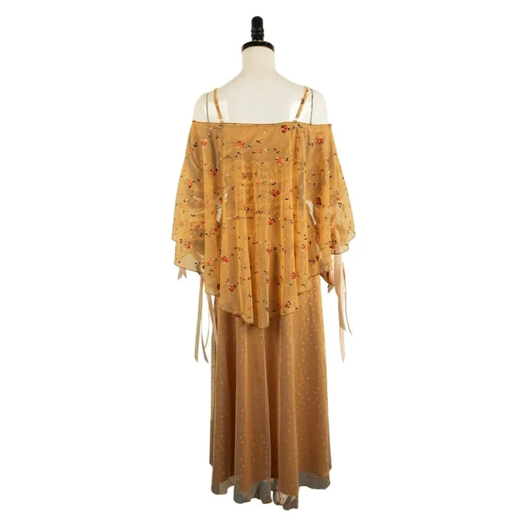 Medieval Dress Off-Shoulder Embroidered Bodice & Mesh Cape