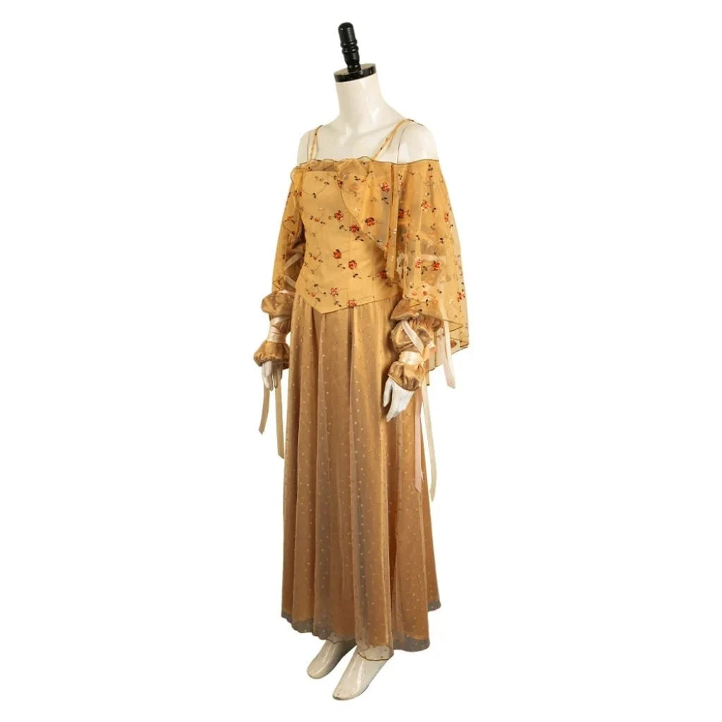 Medieval Dress Off-Shoulder Embroidered Bodice & Mesh Cape