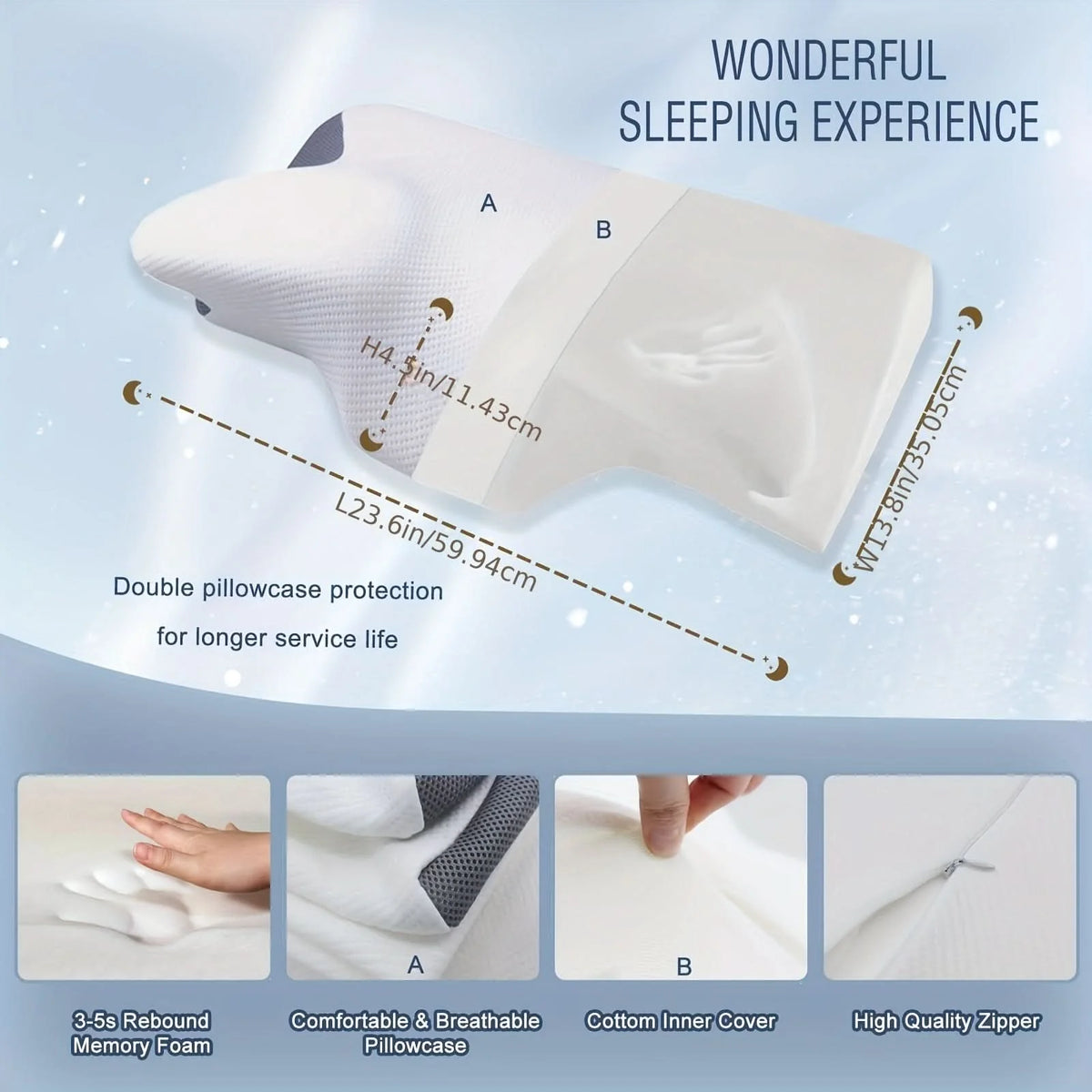 Memory Foam Neck Pillow Ergonomic Cervical Support Washable Cover